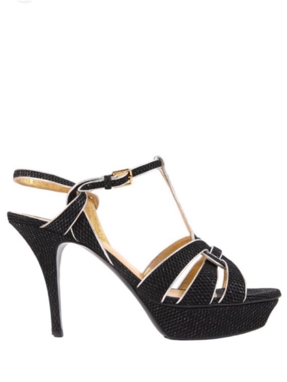 YSL Tribute Black & Silver Textured Platform Heels Sandals